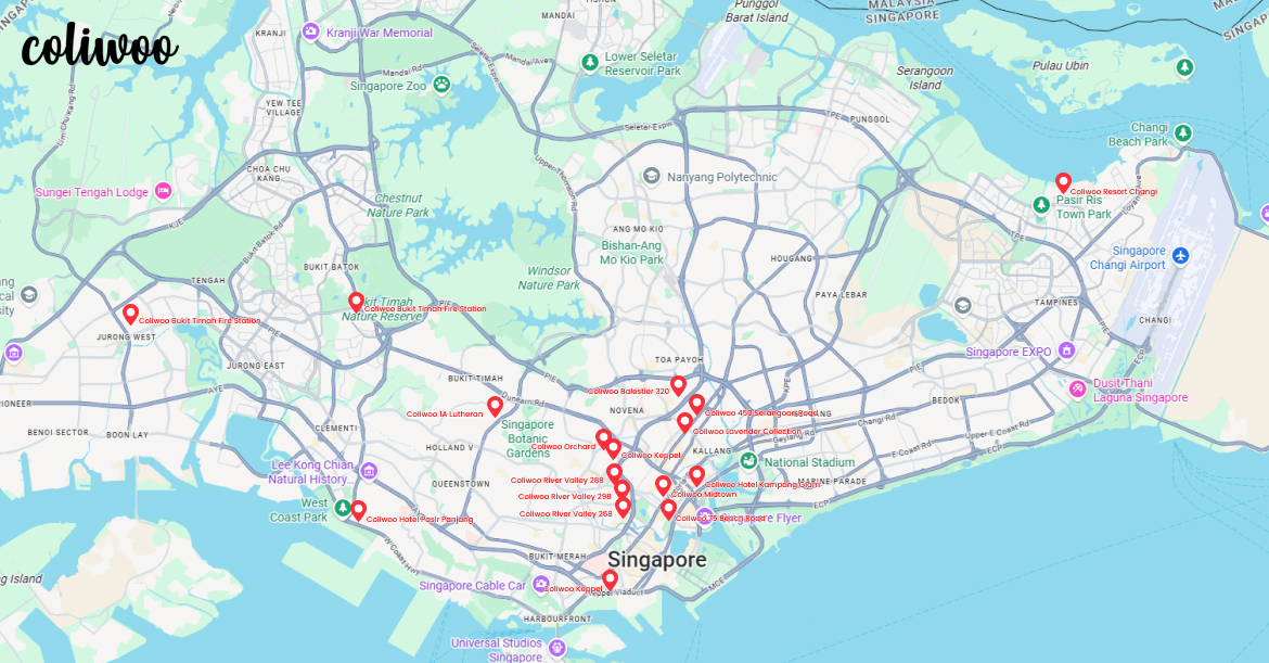 Map showing Coliwoo temporary housing locations across Singapore.